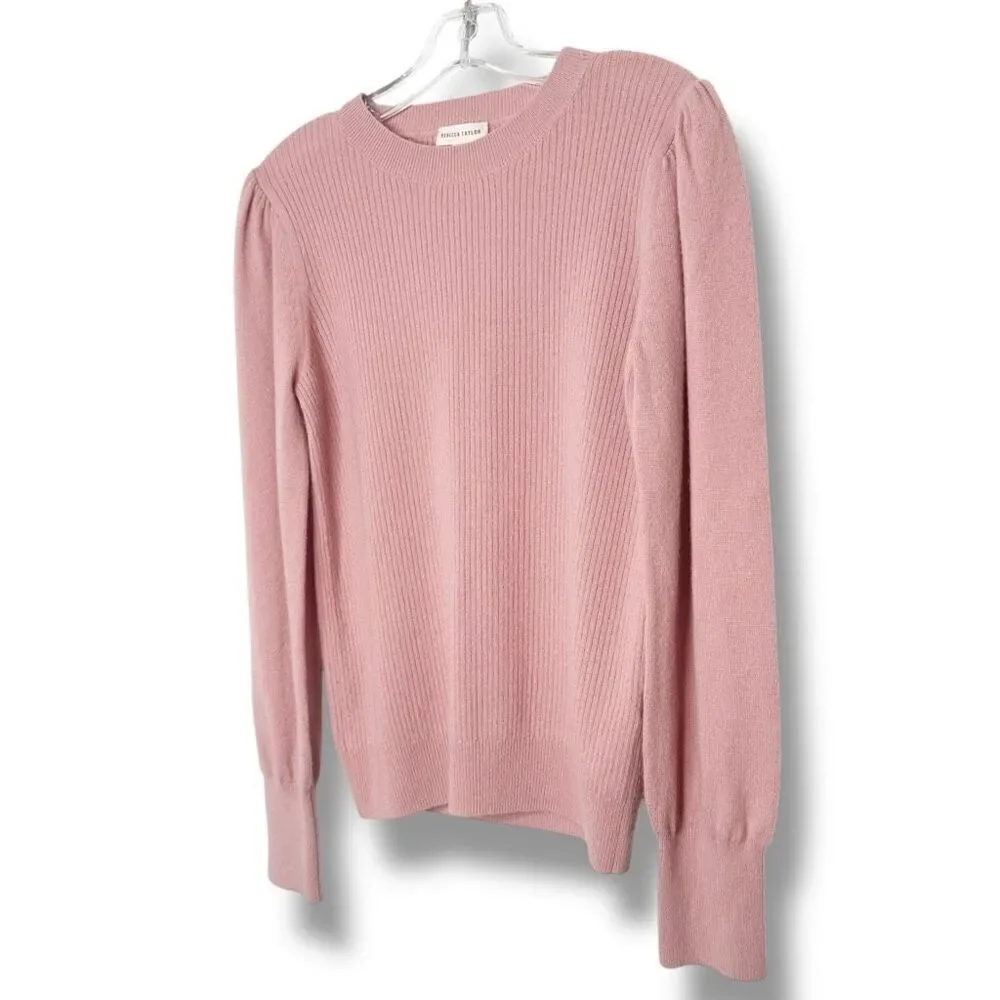 REBECCA TAYLOR 100% Cashmere Sweater Crew Neck Puff Sleeve Ribbed Pink Size L